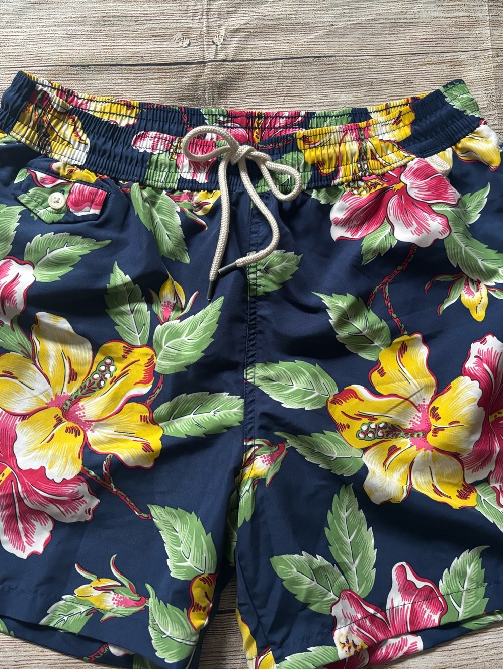 Men’s Navy Polo Ralph Lauren floral/Hawaiian Swim Trunks/Suit Sz. Large